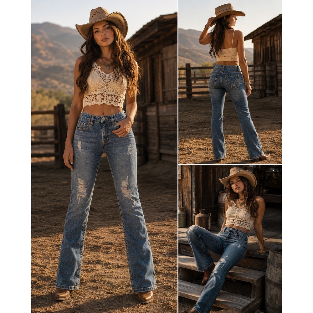 Western Blue Womens Bootcut Jeans Distressed Embroidered Blue Denim Size 3 Boot